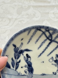 23 Chinese blue and white saucers with figural design, Yongzheng/Kangxi