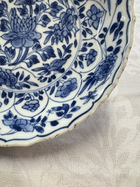 Seven Chinese blue and white plates with figural and floral design, 18/19th C.