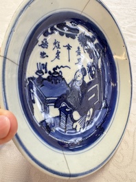 Seven Chinese blue and white plates with figural and floral design, 18/19th C.