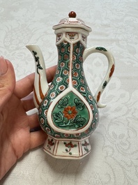 A Chinese famille verte rosewater sprinkler, a wucai jar and a Samson Paris verte-style covered ewer, 17/19th C.