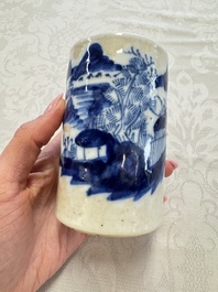 A Chinese Nanking water pot, a blue and white brush pot, a jarlet and a trick cup, Ming and later