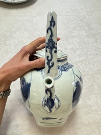 A Chinese blue and white 'Mythical Beasts' wine pot and cover, Transitional period