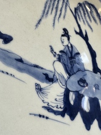 Seven Chinese blue and white plates with figural and floral design, 18/19th C.