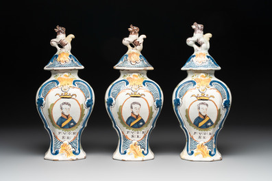 A polychrome Dutch Delft five-piece garniture with the portrait of William I of The Netherlands, early 19th C.