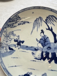 Seven Chinese blue and white plates with figural and floral design, 18/19th C.