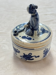A rare Japanese blue and white 'Pipe Smoker' incense burner and cover, Edo, 17th C.