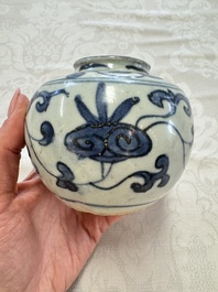A Chinese Nanking water pot, a blue and white brush pot, a jarlet and a trick cup, Ming and later