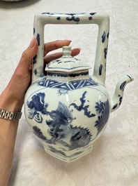 A Chinese blue and white 'Mythical Beasts' wine pot and cover, Transitional period