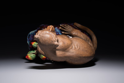 A Chinese polychrome-glazed Shiwan stoneware 'Monkey and Peach' group, signed, 20th C.