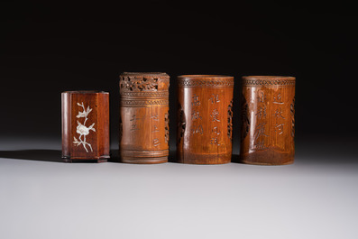 A group of 11 Chinese carved bamboo and wooden works, 19/20th C.