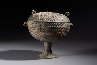 A Chinese archaic bronze food vessel and cover with 'Leiwen' and bosses design, 'Dou 豆', Eastern Zhou