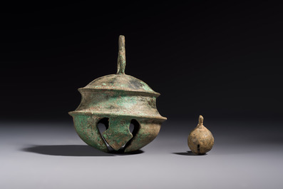 Two Cambodian bronze bells, a vajra bell and a vajra, 11/13th C.