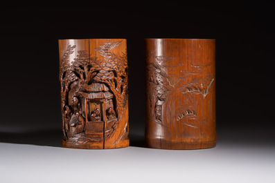 A group of 11 Chinese carved bamboo and wooden works, 19/20th C.