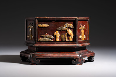 A Chinese soapstone-embellished hongmu 'Antiquities' box and cover, 19th C.