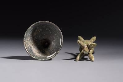 Two Cambodian bronze bells, a vajra bell and a vajra, 11/13th C.