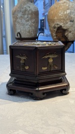 A Chinese soapstone-embellished hongmu 'Antiquities' box and cover, 19th C.