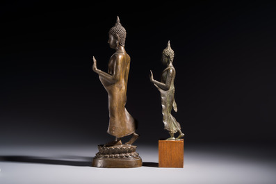 Two bronze Sukhothai-style walking Buddhas, Thailand, 20th C. or earlier