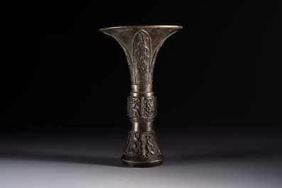 A Chinese archaistic bronze vase with Chilong design, 'Gu 觚', Ming