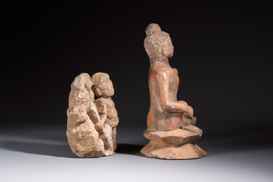 Five various pottery wares and a carved stone fragment, South Asia and Southeast Asia, 18th C. and earlier