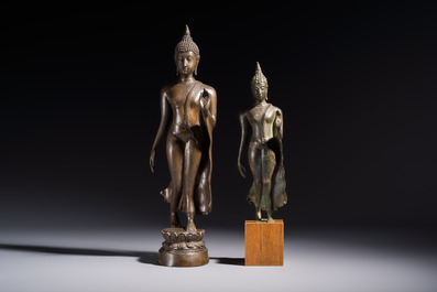 Two bronze Sukhothai-style walking Buddhas, Thailand, 20th C. or earlier