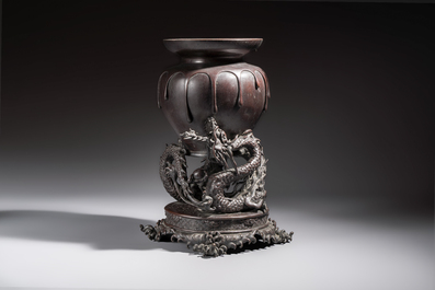 A Japanese bronze vase carried by a dragon, Meiji, 19th C.