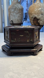 A Chinese soapstone-embellished hongmu 'Antiquities' box and cover, 19th C.