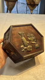 A Chinese soapstone-embellished hongmu 'Antiquities' box and cover, 19th C.
