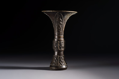A Chinese archaistic bronze vase with Chilong design, 'Gu 觚', Ming