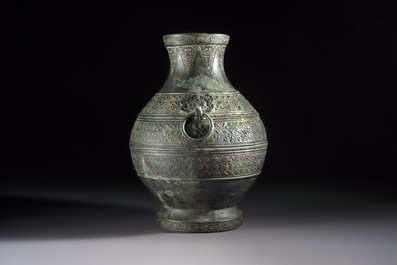 An extremely rare Chinese archaic bronze wine vessel, 'Hu 壺', Warring States period