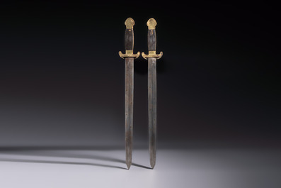 A rare set of Chinese double swords and scabbard, &lsquo;Shuangjian&rsquo;, Longquan mark, 19th C.