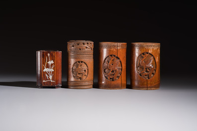 A group of 11 Chinese carved bamboo and wooden works, 19/20th C.