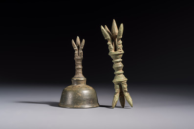 Two Cambodian bronze bells, a vajra bell and a vajra, 11/13th C.