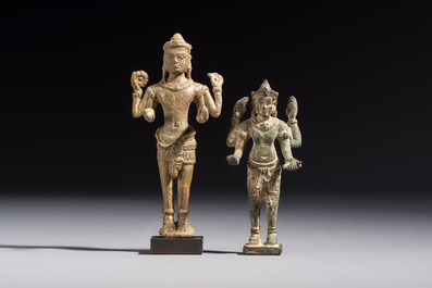 Five bronze figures of divinities, probably Cambodia, 12/13th C.