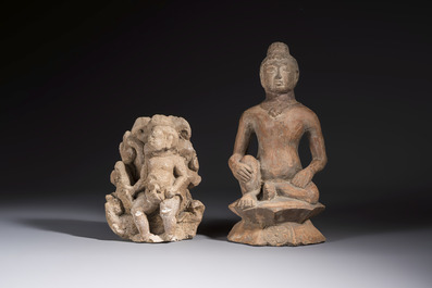 Five various pottery wares and a carved stone fragment, South Asia and Southeast Asia, 18th C. and earlier