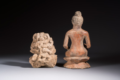 Five various pottery wares and a carved stone fragment, South Asia and Southeast Asia, 18th C. and earlier