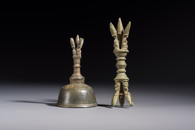 Two Cambodian bronze bells, a vajra bell and a vajra, 11/13th C.