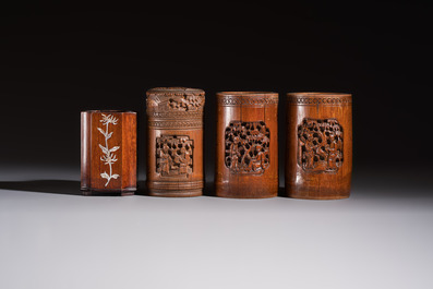 A group of 11 Chinese carved bamboo and wooden works, 19/20th C.