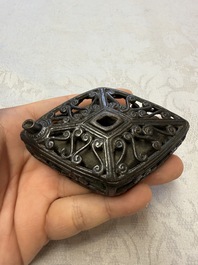 A Chinese openworked double-walled lozenge-shaped bronze water dropper, Ming