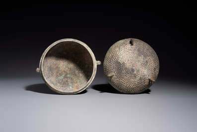 A Chinese archaic bronze food vessel and cover with 'Leiwen' and bosses design, 'Dou 豆', Eastern Zhou
