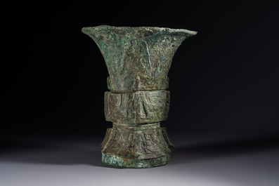 A Chinese archaic bronze ritual wine vessel with Taotie design, 'Zun 尊', Shang