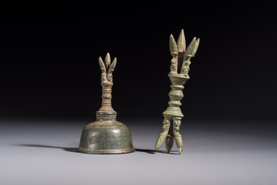 Two Cambodian bronze bells, a vajra bell and a vajra, 11/13th C.