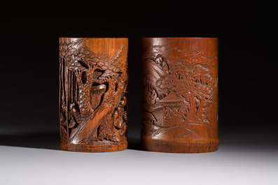 A group of 11 Chinese carved bamboo and wooden works, 19/20th C.