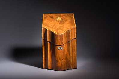 A George III mahogany knife box with marquetry inlay, later converted into a letter box, England, late 18th C.