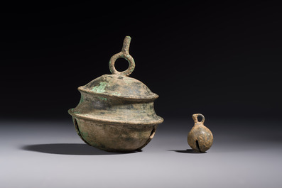 Two Cambodian bronze bells, a vajra bell and a vajra, 11/13th C.