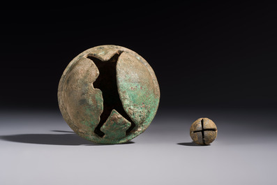 Two Cambodian bronze bells, a vajra bell and a vajra, 11/13th C.