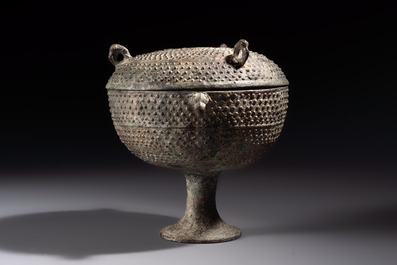 A Chinese archaic bronze food vessel and cover with 'Leiwen' and bosses design, 'Dou 豆', Eastern Zhou