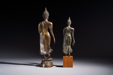 Two bronze Sukhothai-style walking Buddhas, Thailand, 20th C. or earlier