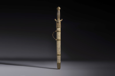 A rare set of Chinese double swords and scabbard, &lsquo;Shuangjian&rsquo;, Longquan mark, 19th C.