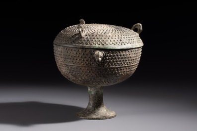 A Chinese archaic bronze food vessel and cover with 'Leiwen' and bosses design, 'Dou 豆', Eastern Zhou