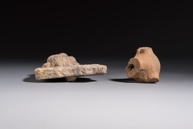 Five various pottery wares and a carved stone fragment, South Asia and Southeast Asia, 18th C. and earlier